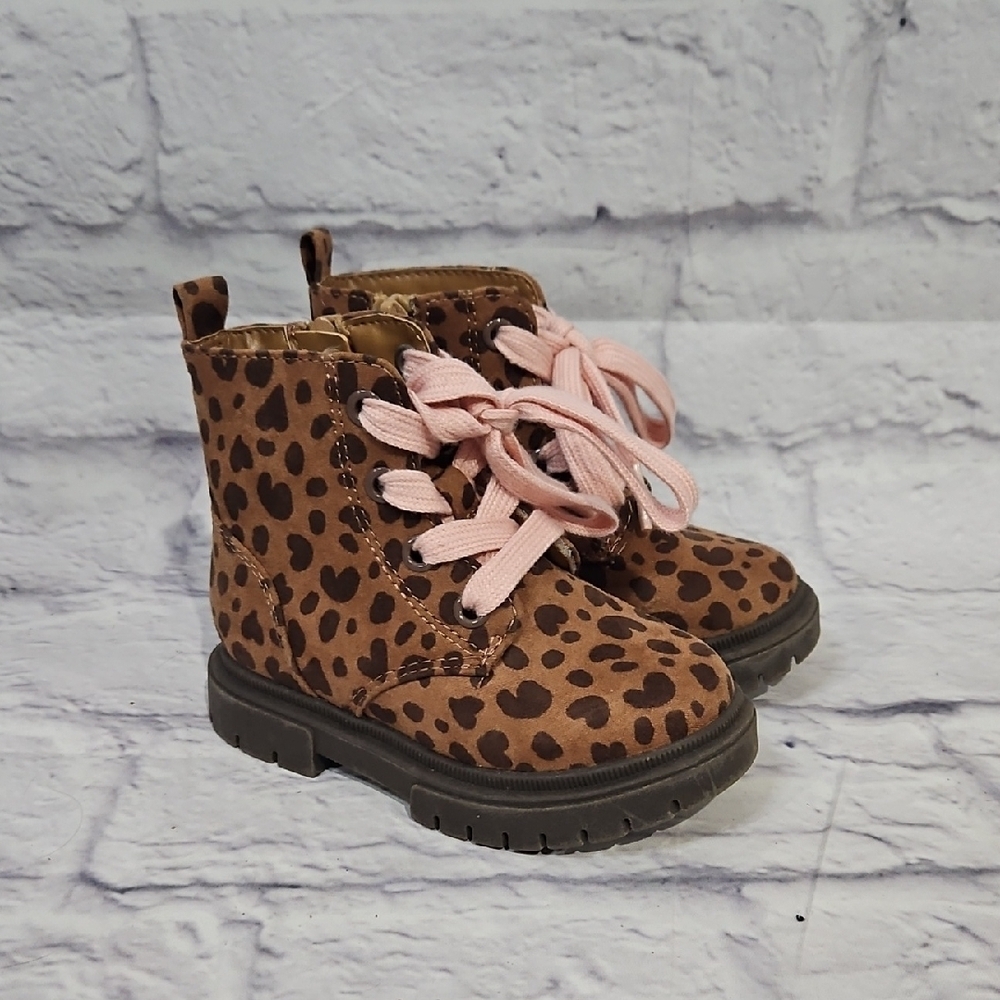 Cat & Jack Brown Leopard Kids Boots with Pink Laces - Picture 1 of 5